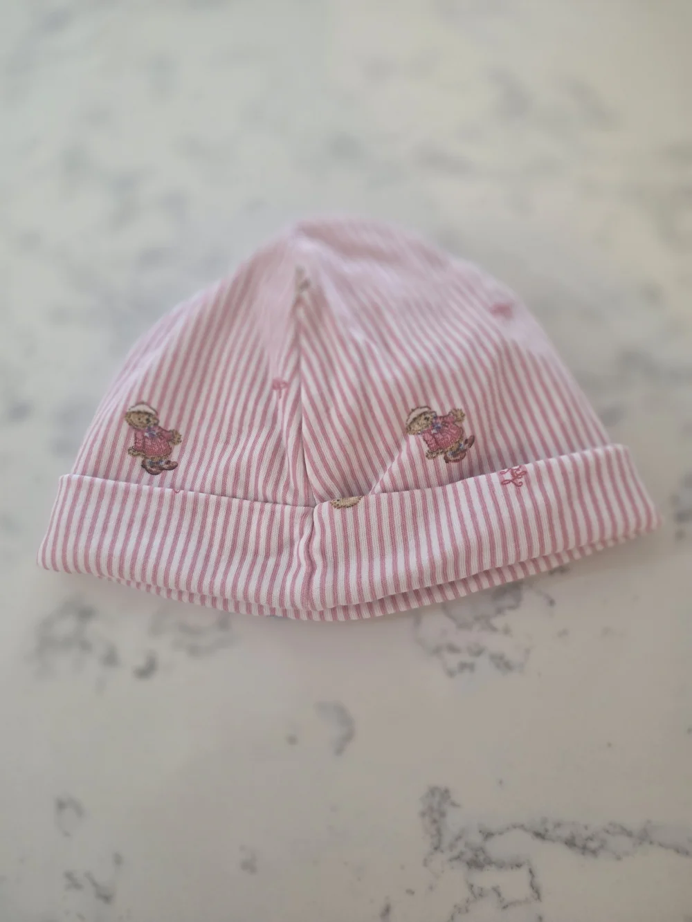 Ralph Lauren Baby Pink Striped Kids Beanie Hat with Animal Embroidery